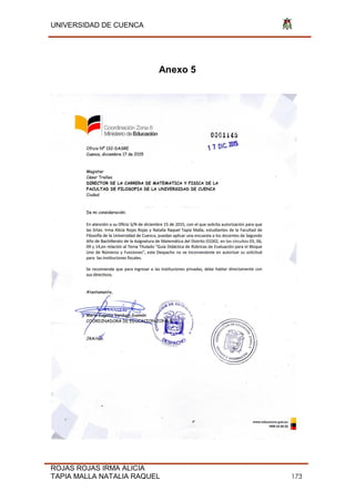 UNIVERSIDAD DE CUENCA
ROJAS ROJAS IRMA ALICIA
TAPIA MALLA NATALIA RAQUEL 173
Anexo 5
 