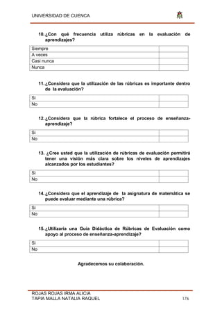 UNIVERSIDAD DE CUENCA
ROJAS ROJAS IRMA ALICIA
TAPIA MALLA NATALIA RAQUEL 176
10.¿Con qué frecuencia utiliza rúbricas en la evaluación de
aprendizajes?
Siempre
A veces
Casi nunca
Nunca
11.¿Considera que la utilización de las rúbricas es importante dentro
de la evaluación?
Si
No
12.¿Considera que la rúbrica fortalece el proceso de enseñanza-
aprendizaje?
Si
No
13. ¿Cree usted que la utilización de rúbricas de evaluación permitirá
tener una visión más clara sobre los niveles de aprendizajes
alcanzados por los estudiantes?
Si
No
14.¿Considera que el aprendizaje de la asignatura de matemática se
puede evaluar mediante una rúbrica?
Si
No
15.¿Utilizaría una Guía Didáctica de Rúbricas de Evaluación como
apoyo al proceso de enseñanza-aprendizaje?
Si
No
Agradecemos su colaboración.
 