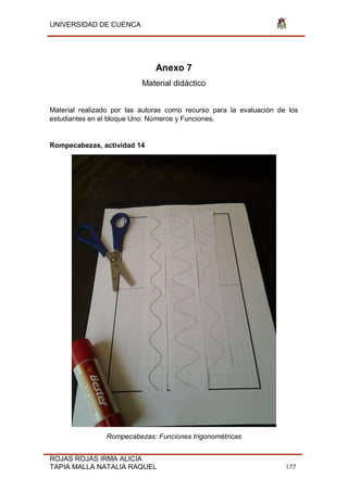 UNIVERSIDAD DE CUENCA
ROJAS ROJAS IRMA ALICIA
TAPIA MALLA NATALIA RAQUEL 177
Anexo 7
Material didáctico
Material realizado por las autoras como recurso para la evaluación de los
estudiantes en el bloque Uno: Números y Funciones.
Rompecabezas, actividad 14
Rompecabezas: Funciones trigonométricas
 