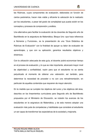 UNIVERSIDAD DE CUENCA
ROJAS ROJAS IRMA ALICIA
TAPIA MALLA NATALIA RAQUEL 31
las Rúbricas, cuyos componentes de evaluación, elaborados en función de
ciertos parámetros, hacen más viable y eficiente la valoración de lo realizado
por los estudiantes, a pesar del grado de complejidad que pueda existir en los
conceptos y procesos de comprensión y análisis.
Una alternativa para facilitar la evaluación de los docentes de Segundo año de
Bachillerato en la asignatura de Matemática, Bloque Uno -que hace referencia
a Números y Funciones-, es la presentación de una “Guía Didáctica de
Rúbricas de Evaluación” con la finalidad de apoyar su labor de evaluador de
aprendizajes, y que con su aplicación, garantice resultados objetivos y
dinámicos.
Con la utilización adecuada de esta guía, el docente podrá economizar tiempo
en el proceso de evaluación, y lo que es más importante, alcanzará mayor nivel
de objetividad y confiabilidad, razón para que el estudiante no se sienta
perjudicado al momento de obtener una valoración; así también, para
determinar la necesidad de proceder o no con una retroalimentación, en
particular de aquellos contenidos que requieren de mayor atención.
En la medida que se cumplan los objetivos del curso y los objetivos del área,
descritos en los lineamientos curriculares para Segundo año de Bachillerato
propuestos por el Ministerio de Educación, se notarán los avances de los
estudiantes en la asignatura de Matemática, y de esta manera adoptar una
evaluación más justa de competecias y habilidades que considere al estudiante
un ser capaz de transformar las expectativas de la sociedad y mejorarla.
 