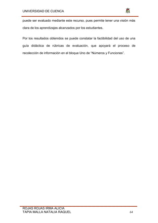 UNIVERSIDAD DE CUENCA
ROJAS ROJAS IRMA ALICIA
TAPIA MALLA NATALIA RAQUEL 64
puede ser evaluado mediante este recurso, pues permite tener una visión más
clara de los aprendizajes alcanzados por los estudiantes.
Por los resultados obtenidos se puede constatar la factibilidad del uso de una
guía didáctica de rúbricas de evaluación, que apoyará el proceso de
recolección de información en el bloque Uno de “Números y Funciones”.
 