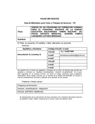 HOJAS METADATOS
Hoja de Metadatos para Tesis y Trabajos de Ascenso - 1/6
Título
DISEÑO DE UN PROGRAMA DE FORMACIÓN HUMANA
PARA EL PERSONAL DOCENTE DE LA UNIDAD
EDUCATIVA BOLIVARIANA “SIMÓN BOLÍVAR”, DE
PDVSA DISTRITO MORICHAL- DIVISIÓN CAMPO
CARABOBO. ESTADO MONAGAS
Subtitulo
El Título es requerido. El subtítulo o título alternativo es opcional.
Autor(es)
Apellidos y Nombres Código CVLAC / e-mail
Amundaraín S, Leoraisy G
CVLAC C.I. 19.807.009
e-mail leoraisyamundarain@gmail.com
e-mail
CVLAC
e-mail
e-mail
Se requiere por lo menos los apellidos y nombres de un autor. El formato para escribir los
apellidos y nombres es: “Apellido1 InicialApellido2., Nombre1 InicialNombre2”. Si el autor
está registrado en el sistema CVLAC, se anota el código respectivo (para ciudadanos
venezolanos dicho código coincide con el número de la Cedula de Identidad). El campo e-
mail es completamente opcional y depende de la voluntad de los autores.
Palabras o frases claves:
Programa de formación
Humano, sensibilización, integración
PDVSA. DISTRITO MORICHAL
El representante de la subcomisión de tesis solicitará a los miembros del jurado la lista de
las palabras claves. Deben indicarse por lo menos cuatro (4) palabras clave.
 