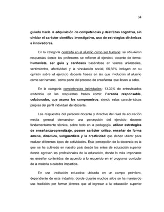 34
guiado hacia la adquisición de competencias y destrezas cognitiva, sin
olvidar el carácter científico investigativo, uso de estrategias dinámicas
e innovadoras.
En la categoría centrada en el alumno como ser humano: se obtuvieron
respuestas donde los profesores se refieren al ejercicio docente de forma:
humanista, ser guía y cariñosos basándose en valores universales,
sentimientos, afectividad y la vinculación social, 66,66% incluyen en su
opinión sobre el ejercicio docente frases en las que involucran al alumno
como ser humano, como parte del proceso de enseñanza que llevan a cabo.
En la categoría competencias individuales: 13,33% de entrevistados
evidencia en las respuestas frases como: Persona responsable,
colaborador, que asuma los compromisos; siendo estas características
propias del perfil individual del docente.
Las respuestas del personal docente y directivo del nivel de educación
media general demuestran una percepción del ejercicio docente
fundamentalmente técnica, sobre todo en la pedagogía, utilizar estrategias
de enseñanza-aprendizaje, poseer carácter crítico, enseñar de forma
amena, dinámica, vanguardista y la creatividad que deben utilizar para
realizar diferentes tipos de actividades. Esta percepción de la docencia es la
que se ha cultivado en nuestro país desde los entes de educación superior
donde egresan los profesionales de la educación, donde lo más importante
es enseñar contenidos de acuerdo a lo requerido en el programa curricular
de la materia o cátedra impartida.
En una institución educativa ubicada en un campo petrolero,
dependiente de esta industria, donde durante muchos años se ha mantenido
una tradición por formar jóvenes que al ingresar a la educación superior
 