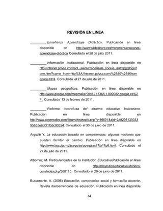 74
REVISIÓN EN LINEA
_________ Enseñanza Aprendizaje Didáctica. Publicación en línea
disponible en http://www.slideshare.net/mercmerk/enseanza-
aprendizaje-didctica Consultado el 28 de julio 2011.
_________ Información institucional. Publicación en línea disponible en
http://intranet.pdvsa.com/acl_users/credentials_cookie_auth/@@loginf
orm.html?came_from=http%3A//intranet.pdvsa.com/%2540%2540hom
epage.html. Consultado el 27 de julio de 2011.
_________ Mapas geográficos. Publicación en línea disponible en
http://www.google.com/mapmaker?ll=8.787368,1.809082.google.es%2
F . Consultado 13 de febrero de 2011.
_________ Reforma inconclusa del sistema educativo bolivariano.
Publicación en línea disponible en
http://www.aporrealos.com/forum/viewtopic.php?t=46591&sid=2a8295139333
95655e6d0f1fb8c00324. Consultado el 30 de junio de 2011.
Argudín Y. La educación basada en competencias: algunas nociones que
pueden facilitar el cambio. Publicación en línea disponible en
http://www.lag.uia.mx/acequias/acequias17/a17p8.html. Consultado el
27 de julio de 2011.
Albornoz, M. Particularidades de la Institución Educativa.Publicación en línea
disponible en http://mayeuticaeducativa.idoneos.
com/index.php/368115. Consultado el 29 de junio de 2011.
Bustamante, A. (2006) Educación, compromiso social y formación docente.
Revista iberoamericana de educación. Publicación en línea disponible
 