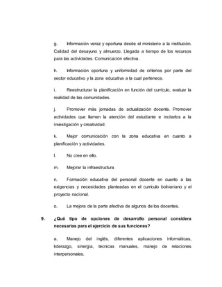 g. Información veraz y oportuna desde el ministerio a la institución.
Calidad del desayuno y almuerzo. Llegada a tiempo de los recursos
para las actividades. Comunicación efectiva.
h. Información oportuna y uniformidad de criterios por parte del
sector educativo y la zona educativa a la cual pertenece.
i. Reestructurar la planificación en función del currículo, evaluar la
realidad de las comunidades.
j. Promover más jornadas de actualización docente. Promover
actividades que llamen la atención del estudiante e incitarlos a la
investigación y creatividad.
k. Mejor comunicación con la zona educativa en cuanto a
planificación y actividades.
l. No cree en ello.
m. Mejorar la infraestructura
n. Formación educativa del personal docente en cuanto a las
exigencias y necesidades planteadas en el currículo bolivariano y el
proyecto nacional.
o. La mejora de la parte afectiva de algunos de los docentes.
9. ¿Qué tipo de opciones de desarrollo personal considera
necesarias para el ejercicio de sus funciones?
a. Manejo del inglés, diferentes aplicaciones informáticas,
liderazgo, sinergia, técnicas manuales, manejo de relaciones
interpersonales.
 