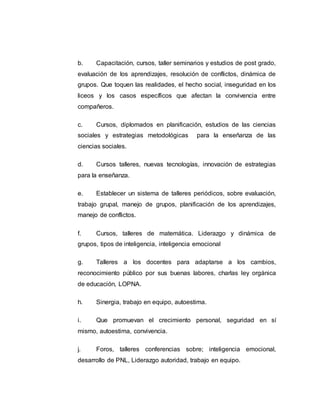 b. Capacitación, cursos, taller seminarios y estudios de post grado,
evaluación de los aprendizajes, resolución de conflictos, dinámica de
grupos. Que toquen las realidades, el hecho social, inseguridad en los
liceos y los casos específicos que afectan la convivencia entre
compañeros.
c. Cursos, diplomados en planificación, estudios de las ciencias
sociales y estrategias metodológicas para la enseñanza de las
ciencias sociales.
d. Cursos talleres, nuevas tecnologías, innovación de estrategias
para la enseñanza.
e. Establecer un sistema de talleres periódicos, sobre evaluación,
trabajo grupal, manejo de grupos, planificación de los aprendizajes,
manejo de conflictos.
f. Cursos, talleres de matemática. Liderazgo y dinámica de
grupos, tipos de inteligencia, inteligencia emocional
g. Talleres a los docentes para adaptarse a los cambios,
reconocimiento público por sus buenas labores, charlas ley orgánica
de educación, LOPNA.
h. Sinergia, trabajo en equipo, autoestima.
i. Que promuevan el crecimiento personal, seguridad en sí
mismo, autoestima, convivencia.
j. Foros, talleres conferencias sobre; inteligencia emocional,
desarrollo de PNL, Liderazgo autoridad, trabajo en equipo.
 