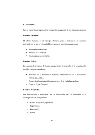 90
6.7.2 Recursos.
Para la ejecución de la presente investigación se requerirá de los siguientes recursos:
Recursos Humanos
El talento humano, es el principal elemento para la realización de cualquier
actividad, por lo que es primordial la presencia de las siguientes personas:
Autora (Janeth Herrera)
Personal de la empresa.
Tutor docente universitario.
Recursos Físicos.
Es necesaria la presencia de lugares que permitan el desarrollo de la investigación,
entre los cuales se mencionan:
Biblioteca de la Facultad de Ciencias Administrativas de la Universidad
Técnica de Ambato.
Centros de cómputo de diferentes sectores de la ciudad de Ambato.
Empresa Grupo Canguro.
Recursos Materiales.
Los instrumentos o materiales, que se necesitarán para el desarrollo de la
investigación son los siguientes:
• Resma de hojas de papel bond.
• Impresiones.
• Computador.
• Libros.
 