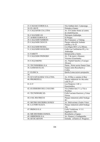 106
23. CALSACUEROS S.A. Vía Ambato km1. Latacunga.
24. EL ALCE Entrada a Guano.
25. CALZAFER CIA.LTDA Av. El Cóndor frente al centro
de rehabilitación.
26. CALZADO AS Parroquia Atahualpa.
27. AGROCUEROS S.A El Pisque.
28. CALZADO NIMROD. Rio Yanayacu y Talatag.
29. CALZADO NOVUS. Parque industrial Ambato
cale4ta y Av.D
30. CALZADO REXEL. Los Higos 0651 y La Moras.
31. CALZADO GEOLINO Calle Las Catilinarias 05 y Av.
Atahualpa.
32. FABETT Quispicacha y Junín.
33. CALZADO PIONERO Av. 5 de junio y Homero
Váconez (Guaranda)
34. CALZAKING Av. Neptalí Sancho y Cacique
Álvarez
35. TECNIHORMA S.A Panm.. Norte sector Santa Clara.
36. GAMASUELAS. Espejo entre Rocafuerte y
Colón.
37. ELDECA Quilla Loma sector aeropuerto.
38.
39. ECUAITALMAC CIA.LTDA. Av. El Rey y camino el Rey
40. PROMEPELL Parque industrial Av.4ta entre
calle D y F
41. E.V Los Nísperos 1-40 y
Guaytambos
42. GUERRERO DEL CAUCHO Vía a baños km 5 ½ y Vía a
Picaihua
43. TECNOMARCAS. Calle Luciano Guerrero y Línea
Férrea.
44. COL-MATRICES Parque industrial calle2 bodega
8C.
45. METRO DISTRIBUCIONES Av. Bolivariana e Isidro Viteri.
46. LA FORTALEZA. Parque industrial calle4 bodega
38a
47. PRINCO S.A Calle Verdeloma # 111
Ingahurco Alto
48. MR DISTRIBUCIONES. Rocafuerte y Espejo.
49. ORBITRON S.A. Av. Pasteur y Cashapamba.
50. SEVICARTON Entrada al barrio el Progreso.
 