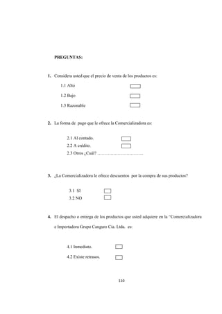 110
PREGUNTAS:
1. Considera usted que el precio de venta de los productos es:
1.1 Alto
1.2 Bajo
1.3 Razonable
2. La forma de pago que le ofrece la Comercializadora es:
2.1 Al contado.
2.2 A crédito.
2.3 Otros ¿Cuál? …………………………..
3. ¿La Comercializadora le ofrece descuentos por la compra de sus productos?
3.1 SI
3.2 NO
4. El despacho o entrega de los productos que usted adquiere en la “Comercializadora
e Importadora Grupo Canguro Cía. Ltda. es:
4.1 Inmediato.
4.2 Existe retrasos.
 