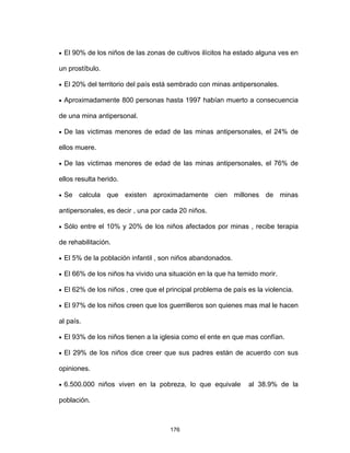 176
• El 90% de los niños de las zonas de cultivos ilícitos ha estado alguna ves en
un prostíbulo.
• El 20% del territorio del país está sembrado con minas antipersonales.
• Aproximadamente 800 personas hasta 1997 habían muerto a consecuencia
de una mina antipersonal.
• De las victimas menores de edad de las minas antipersonales, el 24% de
ellos muere.
• De las victimas menores de edad de las minas antipersonales, el 76% de
ellos resulta herido.
• Se calcula que existen aproximadamente cien millones de minas
antipersonales, es decir , una por cada 20 niños.
• Sólo entre el 10% y 20% de los niños afectados por minas , recibe terapia
de rehabilitación.
• El 5% de la población infantil , son niños abandonados.
• El 66% de los niños ha vivido una situación en la que ha temido morir.
• El 62% de los niños , cree que el principal problema de país es la violencia.
• El 97% de los niños creen que los guerrilleros son quienes mas mal le hacen
al país.
• El 93% de los niños tienen a la iglesia como el ente en que mas confían.
• El 29% de los niños dice creer que sus padres están de acuerdo con sus
opiniones.
• 6.500.000 niños viven en la pobreza, lo que equivale al 38.9% de la
población.
 