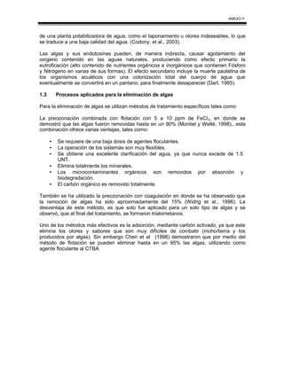 ANEXO F
de una planta potabilizadora de agua, como el taponamiento u olores indeseables, lo que
se traduce a una baja calidad del agua. (Codony, et al., 2003).
Las algas y sus endotoxinas pueden, de manera indirecta, causar agotamiento del
oxígeno contenido en las aguas naturales, produciendo como efecto primario la
eutroficación (alto contenido de nutrientes orgánicos e inorgánicos que contienen Fósforo
y Nitrógeno en varias de sus formas). El efecto secundario incluye la muerte paulatina de
los organismos acuáticos con una colonización total del cuerpo de agua que
eventualmente se convertirá en un pantano, para finalmente desaparecer (Dart, 1985).
1.3 Procesos aplicados para la eliminación de algas
Para la eliminación de algas se utilizan métodos de tratamiento específicos tales como:
La preozonación combinada con flotación con 5 a 10 ppm de FeCl3, en donde se
demostró que las algas fueron removidas hasta en un 90% (Montiel y Welté, 1998)., esta
combinación ofrece varias ventajas, tales como:
• Se requiere de una baja dosis de agentes floculantes.
• La operación de los sistemas son muy flexibles.
• Se obtiene una excelente clarificación del agua, ya que nunca excede de 1.5
UNT.
• Elimina totalmente los minerales.
• Los microcontaminantes orgánicos son removidos por absorción y
biodegradación.
• El carbón orgánico es removido totalmente.
También se ha utilizado la preozonación con coagulación en donde se ha observado que
la remoción de algas ha sido aproximadamente del 15% (Widrig et al., 1996). La
desventaja de este método, es que solo fue aplicado para un solo tipo de algas y se
observó, que al final del tratamiento, se formaron trialometanos.
Uno de los métodos más efectivos es la adsorción, mediante carbón activado, ya que este
elimina los olores y sabores que son muy difíciles de combatir (moho/tierra y los
producidos por algas). Sin embargo Chen et al (1998) demostraron que por medio del
método de flotación se pueden eliminar hasta en un 95% las algas, utilizando como
agente floculante al CTBA
 