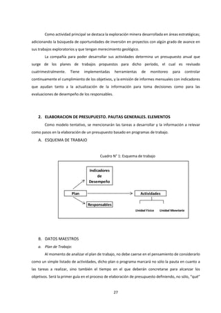 27
Como actividad principal se destaca la exploración minera desarrollada en áreas estratégicas;
adicionando la búsqueda de oportunidades de inversión en proyectos con algún grado de avance en
sus trabajos exploratorios y que tengan merecimiento geológico.
La compañía para poder desarrollar sus actividades determina un presupuesto anual que
surge de los planes de trabajos propuestos para dicho período, el cual es revisado
cuatrimestralmente. Tiene implementadas herramientas de monitoreo para controlar
continuamente el cumplimiento de los objetivos, y la emisión de informes mensuales con indicadores
que ayudan tanto a la actualización de la información para toma decisiones como para las
evaluaciones de desempeño de los responsables.
2. ELABORACION DE PRESUPUESTO. PAUTAS GENERALES. ELEMENTOS
Como modelo tentativo, se mencionarán las tareas a desarrollar y la información a relevar
como pasos en la elaboración de un presupuesto basado en programas de trabajo.
A. ESQUEMA DE TRABAJO
Cuadro N° 1: Esquema de trabajo
B. DATOS MAESTROS
a. Plan de Trabajo:
Al momento de analizar el plan de trabajo, no debe caerse en el pensamiento de considerarlo
como un simple listado de actividades, dicho plan o programa marcará no sólo la pauta en cuanto a
las tareas a realizar, sino también el tiempo en el que deberán concretarse para alcanzar los
objetivos. Será la primer guía en el proceso de elaboración de presupuesto definiendo, no sólo, “qué”
Indicadores
de
Desempeño
Plan Actividades
Responsables
Unidad Física Unidad Monetaria
 