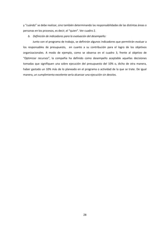 28
y “cuándo” se debe realizar, sino también determinando las responsabilidades de las distintas áreas o
personas en los procesos, es decir, el “quien”. Ver cuadro 2.
b. Definición de indicadores para la evaluación del desempeño:
Junto con el programa de trabajo, se definirán algunos indicadores que permitirán evaluar a
los responsables de presupuesto, en cuanto a su contribución para el logro de los objetivos
organizacionales. A modo de ejemplo, como se observa en el cuadro 3, frente al objetivo de
“Optimizar recursos”, la compañía ha definido como desempeño aceptable aquellas decisiones
tomadas que signifiquen una sobre ejecución del presupuesto del 10% o, dicho de otra manera,
haber gastado un 10% más de lo planeado en el programa o actividad de la que se trate. De igual
manera, un cumplimiento excelente sería alcanzar una ejecución sin desvíos.
 