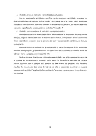 32
e. Unidades físicas de materiales o periodicidad de actividades:
Una vez asociadas las actividades específicas con los conceptos o actividades generales, se
determinará la base de medición de la actividad. Como puede ver en el cuadro, habrá actividades
cuyas bases serán consumos promedios tomados de datos históricos; en otras, por tratarse de bienes
o servicios específicos, las bases surgirán de contratos. Ver cuadro 7.
f. Unidades monetarias tanto de materiales como de actividades:
Como paso posterior a la descripción de las actividades que se desprenden del programa de
trabajo y, luego de establecida la base de medición de las mismas, corresponderá definir las unidades
físicas o cantidades necesarias para la ejecución del plan y su valorización económica, es decir, su
costo o tarifa.
Como se muestra a continuación, y considerando la ejecución temporal de las actividades
indicadas en el programa, puede observarse una perforación de 2000 metros durante los meses de
febrero y marzo a un costo por metro de US$ 200.
No debe perderse de vista, que existen algunas actividades que si bien su ejecución concreta
se produce en un determinado momento, dicha ejecución demanda la realización de trabajos
previos. Siguiendo con el ejemplo; para perforar los 2000 metros del programa será necesario
movilizar las maquinarias días antes de febrero, de ello se desprende considerar en nuestro
presupuesto la actividad “Movilización/Desmovilización” y su costo consecuente en el mes de enero.
Ver cuadro 8.
 