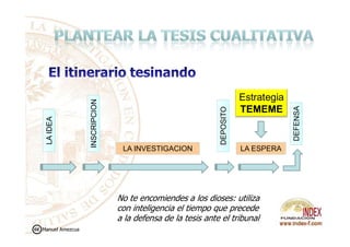 LAIDEA
INSCRIPCION
DEPOSITO
DEFENSA
Estrategia
TEMEME
LAIDEA
INSCRIPCION
LA INVESTIGACION
DEPOSITO
DEFENSA
LA ESPERA
No te encomiendes a los dioses: utiliza
con inteligencia el tiempo que precede
a la defensa de la tesis ante el tribunal
Manuel Amezcua
 