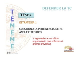 TEORIA
ESTRATEGIA 1ESTRATEGIA 1
CUESTIONO LA PERTINENCIA DE MICUESTIONO LA PERTINENCIA DE MI
ANCLAJE TEORICO
Y logro elaborar un sólido
argumentario para reforzar mi
arsenal preventivo
Manuel Amezcua
 