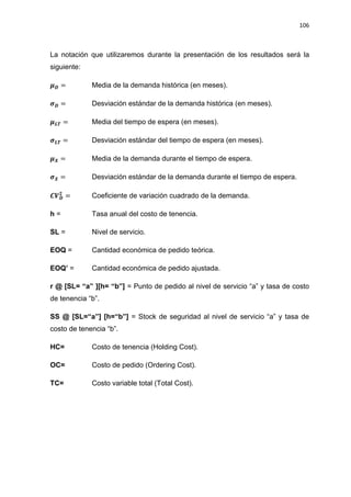 106
La notación que utilizaremos durante la presentación de los resultados será la
siguiente:
Media de la demanda histórica (en meses).
Desviación estándar de la demanda histórica (en meses).
Media del tiempo de espera (en meses).
Desviación estándar del tiempo de espera (en meses).
Media de la demanda durante el tiempo de espera.
Desviación estándar de la demanda durante el tiempo de espera.
Coeficiente de variación cuadrado de la demanda.
h = Tasa anual del costo de tenencia.
SL = Nivel de servicio.
EOQ = Cantidad económica de pedido teórica.
EOQ’ = Cantidad económica de pedido ajustada.
r @ [SL= “a” ][h= “b”] = Punto de pedido al nivel de servicio “a” y tasa de costo
de tenencia “b”.
SS @ [SL=“a”] [h=“b”] = Stock de seguridad al nivel de servicio “a” y tasa de
costo de tenencia “b”.
HC= Costo de tenencia (Holding Cost).
OC= Costo de pedido (Ordering Cost).
TC= Costo variable total (Total Cost).
 