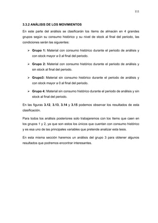 111
3.3.2 ANÁLISIS DE LOS MOVIMIENTOS
En este parte del análisis se clasificarán los ítems de almacén en 4 grandes
grupos según su consumo histórico y su nivel de stock al final del periodo, las
condiciones serán las siguientes:
 Grupo 1: Material con consumo histórico durante el periodo de análisis y
con stock mayor a 0 al final del periodo.
 Grupo 2: Material con consumo histórico durante el periodo de análisis y
sin stock al final del periodo.
 Grupo3: Material sin consumo histórico durante el periodo de análisis y
con stock mayor a 0 al final del periodo.
 Grupo 4: Material sin consumo histórico durante el periodo de análisis y sin
stock al final del periodo.
En las figuras 3.12, 3.13, 3.14 y 3.15 podemos observar los resultados de esta
clasificación.
Para todos los análisis posteriores solo trabajaremos con los ítems que caen en
los grupos 1 y 2, ya que son estos los únicos que cuentan con consumo histórico
y es esa uno de las principales variables que pretende analizar esta tesis.
En esta misma sección haremos un análisis del grupo 3 para obtener algunos
resultados que podremos encontrar interesantes.
 