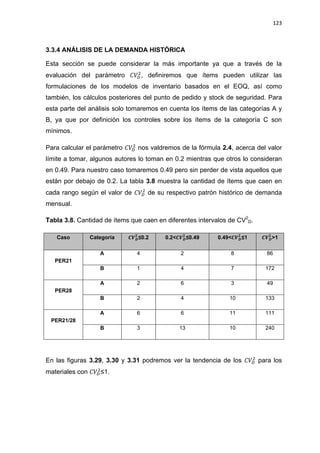 123
3.3.4 ANÁLISIS DE LA DEMANDA HISTÓRICA
Esta sección se puede considerar la más importante ya que a través de la
evaluación del parámetro , definiremos que ítems pueden utilizar las
formulaciones de los modelos de inventario basados en el EOQ, así como
también, los cálculos posteriores del punto de pedido y stock de seguridad. Para
esta parte del análisis solo tomaremos en cuenta los ítems de las categorías A y
B, ya que por definición los controles sobre los ítems de la categoría C son
mínimos.
Para calcular el parámetro nos valdremos de la fórmula 2.4, acerca del valor
límite a tomar, algunos autores lo toman en 0.2 mientras que otros lo consideran
en 0.49. Para nuestro caso tomaremos 0.49 pero sin perder de vista aquellos que
están por debajo de 0.2. La tabla 3.8 muestra la cantidad de ítems que caen en
cada rango según el valor de de su respectivo patrón histórico de demanda
mensual.
Tabla 3.8. Cantidad de ítems que caen en diferentes intervalos de CV2
D.
Caso Categoría ≤0.2 0.2< ≤0.49 0.49< ≤1 >1
PER21
A 4 2 8 86
B 1 4 7 172
PER28
A 2 6 3 49
B 2 4 10 133
PER21/28
A 6 6 11 111
B 3 13 10 240
En las figuras 3.29, 3.30 y 3.31 podremos ver la tendencia de los para los
materiales con ≤1.
 