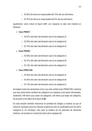 152
o El 20% de ítems es responsable del 15% del uso del dinero.
o El 70% de ítems es responsable del 5% del uso del dinero.
Igualmente, como indica la figura 3.27, con respecto al valor del material en
almacén:
 Caso PER21:
o El 67% del valor del almacén cae en la categoría A.
o El 20% del valor del almacén cae en la categoría B.
o El 14% del valor del almacén cae en la categoría C.
 Caso PER28:
o El 56% del valor del almacén cae en la categoría A.
o El 31% del valor del almacén cae en la categoría B.
o El 13% del valor del almacén cae en la categoría C.
 Caso PER21/28:
o El 63% del valor del almacén cae en la categoría A.
o El 24% del valor del almacén cae en la categoría B.
o El 13% del valor del almacén cae en la categoría C.
Al analizar todos los almacenes como una sola unidad (caso PER21/28), notamos
que hay varios ítems cambian de categoría con respecto a los casos individuales,
existiendo 109 ítems que suben de categoría y 66 ítems que bajan de categoría,
de acuerdo a los datos de la figura 3.28.
En esta sección también reducimos la cantidad de códigos a analizar ya que el
esfuerzo necesario para los cálculos posteriores solo es justificable para los ítems
categoría A, sin embargo, solo para el análisis de los patrones de demanda
histórica, se tomarán en cuenta los ítems de la categoría B.
 