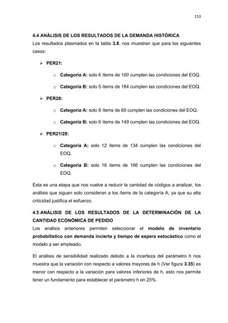 153
ANÁLISIS DE LOS RESULTADOS DE LA DEMANDA HISTÓRICA4.4
Los resultados plasmados en la tabla 3.8, nos muestran que para los siguientes
casos:
 PER21:
o Categoría A: solo 6 ítems de 100 cumplen las condiciones del EOQ.
o Categoría B: solo 5 ítems de 184 cumplen las condiciones del EOQ.
 PER28:
o Categoría A: solo 8 ítems de 60 cumplen las condiciones del EOQ.
o Categoría B: solo 6 ítems de 149 cumplen las condiciones del EOQ.
 PER21/28:
o Categoría A: solo 12 ítems de 134 cumplen las condiciones del
EOQ.
o Categoría B: solo 16 ítems de 166 cumplen las condiciones del
EOQ.
Esta es una etapa que nos vuelve a reducir la cantidad de códigos a analizar, los
análisis que siguen solo consideran a los ítems de la categoría A, ya que su alta
criticidad justifica el esfuerzo.
ANÁLISIS DE LOS RESULTADOS DE LA DETERMINACIÓN DE LA4.5
CANTIDAD ECONÓMICA DE PEDIDO
Los análisis anteriores permiten seleccionar el modelo de inventario
probabilístico con demanda incierta y tiempo de espera estocástico como el
modelo a ser empleado.
El análisis de sensibilidad realizado debido a la incerteza del parámetro h nos
muestra que la variación con respecto a valores mayores de h (Ver figura 3.35) es
menor con respecto a la variación para valores inferiores de h, esto nos permite
tener un fundamento para establecer el parámetro h en 25%.
 