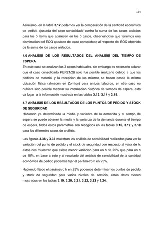154
Asimismo, en la tabla 3.12 podemos ver la comparación de la cantidad económica
de pedido ajustada del caso consolidado contra la suma de los casos aislados
para los 3 ítems que aparecen en los 3 casos, observándose que tenemos una
disminución del EOQ ajustado del caso consolidado al respecto del EOQ obtenido
de la suma de los casos aislados.
ANÁLISIS DE LOS RESULTADOS DEL ANÁLISIS DEL TIEMPO DE4.6
ESPERA
En este caso se analizan los 3 casos habituales, sin embargo es necesario aclarar
que el caso consolidado PER21/28 solo fue posible realizarlo debido a que los
pedidos de material y la recepción de los mismos se hacen desde la misma
ubicación física (almacén en Zorritos) para ambos taladros, en otro caso no
hubiera sido posible mezclar su información histórica de tiempos de espera, esto
da lugar a la información mostrada en las tablas 3.13, 3.14 y 3.15.
ANÁLISIS DE LOS RESULTADOS DE LOS PUNTOS DE PEDIDO Y STOCK4.7
DE SEGURIDAD
Habiendo ya determinado la media y varianza de la demanda y el tiempo de
espera se puede obtener la media y la varianza de la demanda durante el tiempo
de espera, todos estos parámetros son recogidos en las tablas 3.16, 3.17 y 3.18
para los diferentes casos de análisis.
Las figuras 3.36 y 3.37 muestran los análisis de sensibilidad realizados para ver la
variación del punto de pedido y el stock de seguridad con respecto al valor de h,
estos nos muestran que existe menor variación para un h de 25% que para un h
de 15%, en base a esto y al resultado del análisis de sensibilidad de la cantidad
económica de pedido podemos fijar el parámetro h en 25%.
Habiendo fijado el parámetro h en 25% podemos determinar los puntos de pedido
y stock de seguridad para varios niveles de servicio, estos datos vienen
mostrados en las tablas 3.19, 3.20, 3.21, 3.22, 3.23 y 3.24.
 