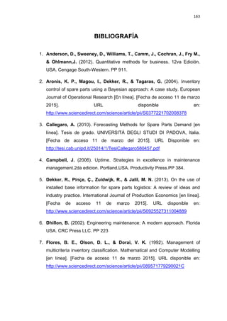 163
BIBLIOGRAFÍA
1. Anderson, D., Sweeney, D., Williams, T., Camm, J., Cochran, J., Fry M.,
& Ohlmann,J. (2012). Quantitative methods for business. 12va Edición.
USA. Cengage South-Western. PP 911.
2. Aronis, K. P., Magou, I., Dekker, R., & Tagaras, G. (2004). Inventory
control of spare parts using a Bayesian approach: A case study. European
Journal of Operational Research [En línea]. [Fecha de acceso 11 de marzo
2015]. URL disponible en:
http://www.sciencedirect.com/science/article/pii/S0377221702008378
3. Callegaro, A. (2010). Forecasting Methods for Spare Parts Demand [en
línea]. Tesis de grado. UNIVERSITÁ DEGLI STUDI DI PADOVA, Italia.
[Fecha de acceso 11 de marzo del 2015]. URL Disponible en:
http://tesi.cab.unipd.it/25014/1/TesiCallegaro580457.pdf
4. Campbell, J. (2006). Uptime. Strategies in excellence in maintenance
management.2da edicion. Portland,USA. Productivity Press.PP 384.
5. Dekker, R., Pinçe, Ç., Zuidwijk, R., & Jalil, M. N. (2013). On the use of
installed base information for spare parts logistics: A review of ideas and
industry practice. International Journal of Production Economics [en línea].
[Fecha de acceso 11 de marzo 2015]. URL disponible en:
http://www.sciencedirect.com/science/article/pii/S0925527311004889
6. Dhillon, B. (2002). Engineering maintenance: A modern approach. Florida
USA. CRC Press LLC. PP 223
7. Flores, B. E., Olson, D. L., & Dorai, V. K. (1992). Management of
multicriteria inventory classification. Mathematical and Computer Modelling
[en línea]. [Fecha de acceso 11 de marzo 2015]. URL disponible en:
http://www.sciencedirect.com/science/article/pii/089571779290021C
 