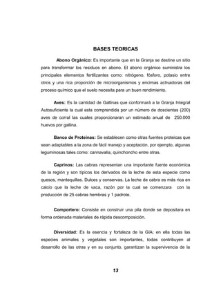 BASES TEORICAS
Abono Orgánico: Es importante que en la Granja se destine un sitio
para transformar los residuos en abono. El abono orgánico suministra los
principales elementos fertilizantes como: nitrógeno, fósforo, potasio entre
otros y una rica proporción de microorganismos y encimas activadoras del
proceso químico que el suelo necesita para un buen rendimiento.
Aves: Es la cantidad de Gallinas que conformará a la Granja Integral
Autosuficiente la cual esta comprendida por un número de doscientas (200)
aves de corral las cuales proporcionaran un estimado anual de 250.000
huevos por gallina.
Banco de Proteínas: Se establecen como otras fuentes proteicas que
sean adaptables a la zona de fácil manejo y aceptación, por ejemplo, algunas
leguminosas tales como: cannavalia, quinchoncho entre otras.
Caprinos: Las cabras representan una importante fuente económica
de la región y son típicos los derivados de la leche de esta especie como
quesos, mantequillas. Dulces y conservas. La leche de cabra es más rica en
calcio que la leche de vaca, razón por la cual se comenzara con la
producción de 25 cabras hembras y 1 padrote.
Comportero: Consiste en construir una pila donde se depositara en
forma ordenada materiales de rápida descomposición.
Diversidad: Es la esencia y fortaleza de la GIA; en ella todas las
especies animales y vegetales son importantes, todas contribuyen al
desarrollo de las otras y en su conjunto, garantizan la supervivencia de la
13
 