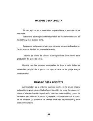 MANO DE OBRA DIRECTA
Técnico agrícola: es el especialista responsable de la evolución de las
hortalizas.
Veterinario: es el especialista responsable del mantenimiento sano de
las cabras y deas aves de corral.
Supervisor: es la persona bajo cuyo cargo se encuentran los obreros.
Se encarga de distribuir las tareas diariamente.
Técnico de control de calidad: es el especialista en el control de la
producción del queso de cabra.
Obreros: son las personas encargadas de llevar a cabo todas las
actividades propias de la producción agropecuaria de la granja integral
autosuficiente.
MANO DE OBRA INDIRECTA
Administrador: es la máxima autoridad dentro de la granja integral
autosuficiente y entre sus múltiples funciones están: (a) tomar decisiones con
respecto a la planificación, organización, dirección, coordinación y control de
las tareas ejecutadas en la planta; (b) negociar con los proveedores el precio
de los insumos, (c) supervisar las labores en el área de producción y en el
área administrativa.
54
 
