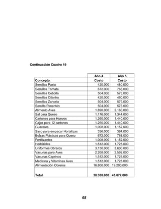Continuación Cuadro 19
68
Año 4 Año 5
Concepto Costo Costo
Semillas Pasto 420.000 480.000
Semillas Tómate 672.000 768.000
Semillas Cebolla 504.000 576.000
Semillas Cilantro 420.000 480.000
Semillas Zahoría 504.000 576.000
Semilla Pimentón 504.000 576.000
Alimento Aves 1.890.000 2.160.000
Sal para Queso 1.176.000 1.344.000
Cartones para Huevos 1.260.000 1.440.000
Cajas para 12 cartones 1.260.000 1.440.000
Guacales 1.008.000 1.152.000
Saco para empacar Hortalizas 336.000 384.000
Bolsas Plásticas para Queso 672.000 768.000
Fertilizantes 1.008.000 1.152.000
Herbizidas 1.512.000 1.728.000
Uniformes Obreros 3.150.000 3.600.000
Vacunas para Aves 2.268.000 2.592.000
Vacunas Caprinos 1.512.000 1.728.000
Medicina y Vitaminas Aves 1.512.000 1.728.000
Alimentación Obreros 16.800.000 19.200.000
Total 38.388.000 43.872.000
 