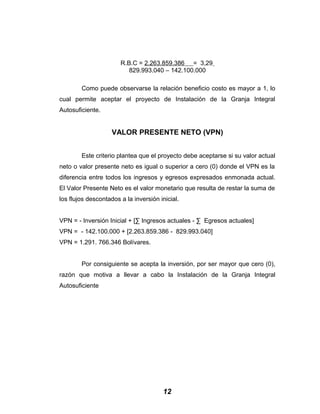 R.B.C = 2.263.859.386 = 3,29
829.993.040 – 142.100.000
Como puede observarse la relación beneficio costo es mayor a 1, lo
cual permite aceptar el proyecto de Instalación de la Granja Integral
Autosuficiente.
VALOR PRESENTE NETO (VPN)
Este criterio plantea que el proyecto debe aceptarse si su valor actual
neto o valor presente neto es igual o superior a cero (0) donde el VPN es la
diferencia entre todos los ingresos y egresos expresados enmonada actual.
El Valor Presente Neto es el valor monetario que resulta de restar la suma de
los flujos descontados a la inversión inicial.
VPN = - Inversión Inicial + [∑ Ingresos actuales - ∑ Egresos actuales]
VPN = - 142.100.000 + [2.263.859.386 - 829.993.040]
VPN = 1.291. 766.346 Bolívares.
Por consiguiente se acepta la inversión, por ser mayor que cero (0),
razón que motiva a llevar a cabo la Instalación de la Granja Integral
Autosuficiente
12
 