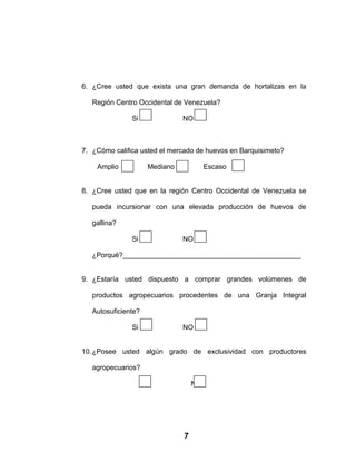 6. ¿Cree usted que exista una gran demanda de hortalizas en la
Región Centro Occidental de Venezuela?
Si NO
7. ¿Cómo califica usted el mercado de huevos en Barquisimeto?
Amplio Mediano Escaso
8. ¿Cree usted que en la región Centro Occidental de Venezuela se
pueda incursionar con una elevada producción de huevos de
gallina?
Si NO
¿Porqué?______________________________________________
9. ¿Estaría usted dispuesto a comprar grandes volúmenes de
productos agropecuarios procedentes de una Granja Integral
Autosuficiente?
Si NO
10.¿Posee usted algún grado de exclusividad con productores
agropecuarios?
Si NO
7
 