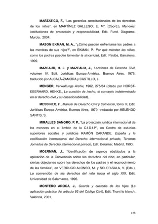 MARZATICO, F., “Las garantías constitucionales de los derechos
de los niños”, en MARTÍNEZ GALLEGO, E. Mª. (Coord.), Menores:
Instituciones de protección y responsabilidad, Edit. Fund. Diagrama,
Murcia, 2004.

        MASON EKMAN, M. A., “¿Cómo pueden enfrentarse los padres a
las mentiras de sus hijos?”, en EKMAN, P., Por qué mienten los niños,
como los padres pueden fomentar la sinceridad, Edit. Paidós, Barcelona,
1999.

        MAZEAUD, H. L. y MAZEAUD, J., Lecciones de Derecho Civil,
volumen IV, Edit. Jurídicas Europa-América, Buenos Aires, 1976,
traducido por ALCALÁ-ZAMORA y CASTILLO, L.

        MENGER, Verwaltungs Archiv, 1962, 275/84 (citado por HORST-
EBERHARD, HENKE., La cuestión de hecho, el concepto indeterminado
en el derecho civil y su casacionabilidad).

        MESSINEO, F., Manual de Derecho Civil y Comercial, tomo III, Edit.
Jurídicas Europa-América, Buenos Aires, 1979, traducido por MELENDO
SANTIS, S.

        MIRALLES SANGRO, P. P., “La protección jurídica internacional de
los menores en el ámbito de la C.I.D.I.P”, en Centro de estudios
superiores sociales y jurídicos RAMÓN CARANDE, España y la
codificación internacional del Derecho internacional privado, Terceras
Jornadas de Derecho internacional privado, Edit. Beramar, Madrid, 1993.

        MOERMAN, J., “Identificación de algunos obstáculos a la
aplicación de la Convención sobre los derechos del niño; en particular,
ciertas objeciones sobre los derechos de los padres y el reconocimiento
de las familias”, en VERDUGO ALONSO, M. y SOLER-SALA, V. (Eds.),
La convención de los derechos del niño hacia el siglo XXI, Edit.
Universidad de Salamanca, 1996.

        MONTERO AROCA, J., Guarda y custodia de los hijos (La
aplicación práctica del artículo 92 del Código Civil), Edit. Tirant lo blanch,
Valencia, 2001.



                                                                          416
 