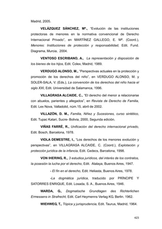 Madrid, 2005.

      VELÁZQUEZ SÁNCHEZ, Mª., “Evolución de las instituciones
protectoras de menores en la normativa convencional de Derecho
Internacional Privado”, en MARTÍNEZ GALLEGO, E. Mª. (Coord.),
Menores: Instituciones de protección y responsabilidad, Edit. Fund.
Diagrama, Murcia, 2004.

      VENTOSO ESCRIBANO, A., La representación y disposición de
los bienes de los hijos, Edit. Colex, Madrid, 1989.

      VERDUGO ALONSO, M., “Perspectivas actuales en la protección y
promoción de los derechos del niño”, en VERDUGO ALONSO, M. y
SOLER-SALA, V. (Eds.), La convención de los derechos del niño hacia el
siglo XXI, Edit. Universidad de Salamanca, 1996.

      VILLAGRASA ALCAIDE, C., “El derecho del menor a relacionarse
con abuelos, parientes y allegados”, en Revista de Derecho de Familia,
Edit. Lex Nova, Valladolid, núm.15, abril de 2002.

      VILLAZÓN, D. M., Familia, Niñez y Sucesiones, curso sintético,
Edit. Tupac Katari, Sucre- Bolivia, 2000, Segunda edición.

      VIÑAS FARRÉ, R., Unificación del derecho internacional privado,
Edit. Bosch, Barcelona, 1978.

      VIOLA DEMESTRE, I., “Los derechos de los menores evolución y
perspectivas”, en VILLAGRASA ALCAIDE, C. (Coord.), Explotación y
protección jurídica de la infancia, Edit. Cedecs, Barcelona, 1998.

      VON IHERING, R., 3 estudios jurídicos, del interés de los contratos,
la posesión la lucha por el derecho, Edit. Atalaya, Buenos Aires, 1947.

             - El fin en el derecho, Edit. Heliasta, Buenos Aires, 1978.

             -La   dogmática     jurídica,    traducido   por   PRÍNCIPE    Y
SATORRES ENRIQUE, Edit. Losada, S. A., Buenos Aires, 1946.

      WARDA,       G.,   Dogmatische         Grundlagen   des    Richterlichen
Ermessens in Strafrecht, Edit. Carl Heymenns Verlag KG, Berlin. 1962.

      WIEHWEG, T., Tópica y jurisprudencia, Edit. Taurus, Madrid, 1964.



                                                                           423
 