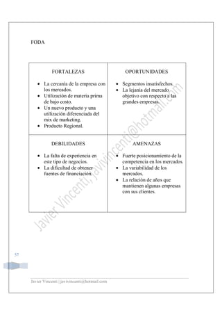 Javier Vincenti | javivincenti@hotmail.com
57
FODA
FORTALEZAS
• La cercanía de la empresa con
los mercados.
• Utilización de materia prima
de bajo costo.
• Un nuevo producto y una
utilización diferenciada del
mix de marketing.
• Producto Regional.
OPORTUNIDADES
• Segmentos insatisfechos.
• La lejanía del mercado
objetivo con respecto a las
grandes empresas.
DEBILIDADES
• La falta de experiencia en
este tipo de negocios.
• La dificultad de obtener
fuentes de financiación.
AMENAZAS
• Fuerte posicionamiento de la
competencia en los mercados.
• La variabilidad de los
mercados.
• La relación de años que
mantienen algunas empresas
con sus clientes.
 