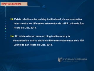 Hi: Existe relación entre un blog institucional y la comunicación
interna entre los diferentes estamentos de la IEP Latino de San
Pedro de Lloc, 2018.
Ho: No existe relación entre un blog institucional y la
comunicación interna entre los diferentes estamentos de la IEP
Latino de San Pedro de Lloc, 2018.
 