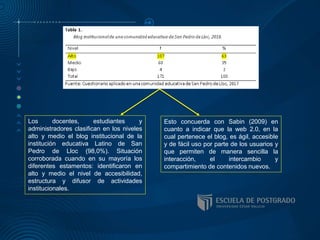 Los docentes, estudiantes y
administradores clasifican en los niveles
alto y medio el blog institucional de la
institución educativa Latino de San
Pedro de Lloc (98,0%). Situación
corroborada cuando en su mayoría los
diferentes estamentos: identificaron en
alto y medio el nivel de accesibilidad,
estructura y difusor de actividades
institucionales.
Esto concuerda con Sabin (2009) en
cuanto a indicar que la web 2.0, en la
cual pertenece el blog, es ágil, accesible
y de fácil uso por parte de los usuarios y
que permiten de manera sencilla la
interacción, el intercambio y
compartimiento de contenidos nuevos.
 
