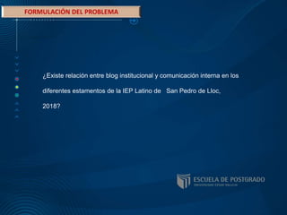 ¿Existe relación entre blog institucional y comunicación interna en los
diferentes estamentos de la IEP Latino de San Pedro de Lloc,
2018?
 