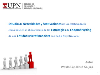 Estudio de Necesidades y Motivaciones de los colaboradores
como base en el alineamiento de las Estrategias de Endomárketing

de una Entidad Microfinanciera con Red a Nivel Nacional




                                                         Autor
                                        Waldo Caballero Mujica
                                                                   1
 