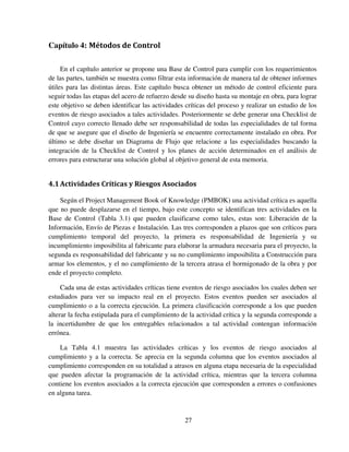 27
Capítulo 4: Métodos de Control
En el capítulo anterior se propone una Base de Control para cumplir con los requerimientos
de las partes, también se muestra como filtrar esta información de manera tal de obtener informes
útiles para las distintas áreas. Este capítulo busca obtener un método de control eficiente para
seguir todas las etapas del acero de refuerzo desde su diseño hasta su montaje en obra, para lograr
este objetivo se deben identificar las actividades críticas del proceso y realizar un estudio de los
eventos de riesgo asociados a tales actividades. Posteriormente se debe generar una Checklist de
Control cuyo correcto llenado debe ser responsabilidad de todas las especialidades de tal forma
de que se asegure que el diseño de Ingeniería se encuentre correctamente instalado en obra. Por
último se debe diseñar un Diagrama de Flujo que relacione a las especialidades buscando la
integración de la Checklist de Control y los planes de acción determinados en el análisis de
errores para estructurar una solución global al objetivo general de esta memoria.
4.1Actividades Críticas y Riesgos Asociados
Según el Project Management Book of Knowledge (PMBOK) una actividad crítica es aquella
que no puede desplazarse en el tiempo, bajo este concepto se identifican tres actividades en la
Base de Control (Tabla 3.1) que pueden clasificarse como tales, estas son: Liberación de la
Información, Envío de Piezas e Instalación. Las tres corresponden a plazos que son críticos para
cumplimiento temporal del proyecto, la primera es responsabilidad de Ingeniería y su
incumplimiento imposibilita al fabricante para elaborar la armadura necesaria para el proyecto, la
segunda es responsabilidad del fabricante y su no cumplimiento imposibilita a Construcción para
armar los elementos, y el no cumplimiento de la tercera atrasa el hormigonado de la obra y por
ende el proyecto completo.
Cada una de estas actividades críticas tiene eventos de riesgo asociados los cuales deben ser
estudiados para ver su impacto real en el proyecto. Estos eventos pueden ser asociados al
cumplimiento o a la correcta ejecución. La primera clasificación corresponde a los que pueden
alterar la fecha estipulada para el cumplimiento de la actividad crítica y la segunda corresponde a
la incertidumbre de que los entregables relacionados a tal actividad contengan información
errónea.
La Tabla 4.1 muestra las actividades críticas y los eventos de riesgo asociados al
cumplimiento y a la correcta. Se aprecia en la segunda columna que los eventos asociados al
cumplimiento corresponden en su totalidad a atrasos en alguna etapa necesaria de la especialidad
que pueden afectar la programación de la actividad crítica, mientras que la tercera columna
contiene los eventos asociados a la correcta ejecución que corresponden a errores o confusiones
en alguna tarea.
 