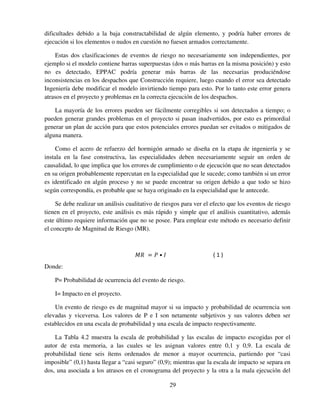 29
dificultades debido a la baja constructabilidad de algún elemento, y podría haber errores de
ejecución si los elementos o nudos en cuestión no fuesen armados correctamente.
Estas dos clasificaciones de eventos de riesgo no necesariamente son independientes, por
ejemplo si el modelo contiene barras superpuestas (dos o más barras en la misma posición) y esto
no es detectado, EPPAC podría generar más barras de las necesarias produciéndose
inconsistencias en los despachos que Construcción requiere, luego cuando el error sea detectado
Ingeniería debe modificar el modelo invirtiendo tiempo para esto. Por lo tanto este error genera
atrasos en el proyecto y problemas en la correcta ejecución de los despachos.
La mayoría de los errores pueden ser fácilmente corregibles si son detectados a tiempo; o
pueden generar grandes problemas en el proyecto si pasan inadvertidos, por esto es primordial
generar un plan de acción para que estos potenciales errores puedan ser evitados o mitigados de
alguna manera.
Como el acero de refuerzo del hormigón armado se diseña en la etapa de ingeniería y se
instala en la fase constructiva, las especialidades deben necesariamente seguir un orden de
causalidad, lo que implica que los errores de cumplimiento o de ejecución que no sean detectados
en su origen probablemente repercutan en la especialidad que le sucede; como también si un error
es identificado en algún proceso y no se puede encontrar su origen debido a que todo se hizo
según correspondía, es probable que se haya originado en la especialidad que le antecede.
Se debe realizar un análisis cualitativo de riesgos para ver el efecto que los eventos de riesgo
tienen en el proyecto, este análisis es más rápido y simple que el análisis cuantitativo, además
este último requiere información que no se posee. Para emplear este método es necesario definir
el concepto de Magnitud de Riesgo (MR).
‫ܴܯ‬ = ܲ • ‫ܫ‬ ( 1 )
Donde:
P= Probabilidad de ocurrencia del evento de riesgo.
I= Impacto en el proyecto.
Un evento de riesgo es de magnitud mayor si su impacto y probabilidad de ocurrencia son
elevadas y viceversa. Los valores de P e I son netamente subjetivos y sus valores deben ser
establecidos en una escala de probabilidad y una escala de impacto respectivamente.
La Tabla 4.2 muestra la escala de probabilidad y las escalas de impacto escogidas por el
autor de esta memoria, a las cuales se les asignan valores entre 0,1 y 0,9. La escala de
probabilidad tiene seis ítems ordenados de menor a mayor ocurrencia, partiendo por “casi
imposible” (0,1) hasta llegar a “casi seguro” (0,9); mientras que la escala de impacto se separa en
dos, una asociada a los atrasos en el cronograma del proyecto y la otra a la mala ejecución del
 