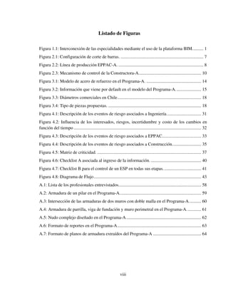 viii
Listado de Figuras
Figura 1.1: Interconexión de las especialidades mediante el uso de la plataforma BIM.......... 1
Figura 2.1: Configuración de corte de barras. .......................................................................... 7
Figura 2.2: Línea de producción EPPAC-A. ............................................................................ 8
Figura 2.3: Mecanismo de control de la Constructora-A........................................................ 10
Figura 3.1: Modelo de acero de refuerzo en el Programa-A. ................................................. 14
Figura 3.2: Información que viene por default en el modelo del Programa-A....................... 15
Figura 3.3: Diámetros comerciales en Chile........................................................................... 18
Figura 3.4: Tipo de piezas propuestas. ................................................................................... 18
Figura 4.1: Descripción de los eventos de riesgo asociados a Ingeniería............................... 31
Figura 4.2: Influencia de los interesados, riesgos, incertidumbre y costo de los cambios en
función del tiempo .................................................................................................................. 32
Figura 4.3: Descripción de los eventos de riesgo asociados a EPPAC................................... 33
Figura 4.4: Descripción de los eventos de riesgo asociados a Construcción.......................... 35
Figura 4.5: Matriz de criticidad. ............................................................................................. 37
Figura 4.6: Checklist A asociada al ingreso de la información. ............................................. 40
Figura 4.7: Checklist B para el control de un ESP en todas sus etapas.................................. 41
Figura 4.8: Diagrama de Flujo................................................................................................ 43
A.1: Lista de los profesionales entrevistados.......................................................................... 58
A.2: Armadura de un pilar en el Programa-A......................................................................... 59
A.3: Intersección de las armaduras de dos muros con doble malla en el Programa-A........... 60
A.4: Armadura de parrilla, viga de fundación y muro perimetral en el Programa-A............. 61
A.5: Nudo complejo diseñado en el Programa-A................................................................... 62
A.6: Formato de reportes en el Programa-A........................................................................... 63
A.7: Formato de planos de armadura extraídos del Programa-A ........................................... 64
 