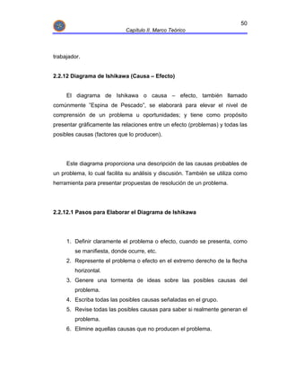 50
                             Capítulo II. Marco Teórico




trabajador.


2.2.12 Diagrama de Ishikawa (Causa – Efecto)


     El diagrama de Ishikawa o causa – efecto, también llamado
comúnmente ”Espina de Pescado”, se elaborará para elevar el nivel de
comprensión de un problema u oportunidades; y tiene como propósito
presentar gráficamente las relaciones entre un efecto (problemas) y todas las
posibles causas (factores que lo producen).




     Este diagrama proporciona una descripción de las causas probables de
un problema, lo cual facilita su análisis y discusión. También se utiliza como
herramienta para presentar propuestas de resolución de un problema.




2.2.12.1 Pasos para Elaborar el Diagrama de Ishikawa




     1. Definir claramente el problema o efecto, cuando se presenta, como
        se manifiesta, donde ocurre, etc.
     2. Represente el problema o efecto en el extremo derecho de la flecha
        horizontal.
     3. Genere una tormenta de ideas sobre las posibles causas del
        problema.
     4. Escriba todas las posibles causas señaladas en el grupo.
     5. Revise todas las posibles causas para saber si realmente generan el
        problema.
     6. Elimine aquellas causas que no producen el problema.
 