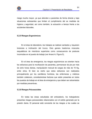 91
                               Capítulo V. Presentación de Resultados




riesgo mucho mayor, ya que atienden a pacientes de forma directa y bajo
situaciones estresantes que limitan el cumplimiento del as medidas de
higiene y seguridad, así como también, la actuación a tiempo frente a los
accidentes laborales.



5.2.5 Riesgos Ergonómicos




     En el área de laboratorio, los trabajos se realizan sentados y requieren
torsiones e inclinación del trunco. Esto genera trastornos músculos
esqueléticos de miembros superiores como consecuencia de posturas
incomodas en el puesto de trabajo (ver Anexo A, Figura 5).



     En el área de emergencia, los riesgos ergonómicos se orientan hacia
los esfuerzos para la movilización de pacientes, permanecer de pie por más
de ocho horas diarias, manipulación manual de cargas de más de 15 Kg,
entre otros. Si bien es cierto que estos esfuerzos son realizados
principalmente por los camilleros hombres, las enfermeras y médicos
también colaboran, considerándose factores que están presentes en todos
los puestos de trabajo en el área de emergencia y que deben ser solventados
por medidas preventivas.


5.2.6 Riesgos Psicosociales



     En todas las áreas estudiadas del ambulatorio, los trabajadores
presentas riesgos psicosociales relacionados con el estrés generado por la
presión diaria. El personal está conciente de los riesgos a los cuales se
 