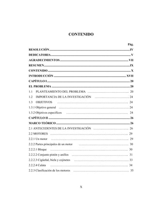 CONTENIDO

                                                                                                                    Pág.
RESOLUCIÓN..........................................................................................................IV
DEDICATORIA......................................................................................................... V
AGRADECIMIENTOS .......................................................................................... VII
RESUMEN.................................................................................................................IX
CONTENIDO ............................................................................................................. X
INTRODUCCIÓN ............................................................................................... XVII
CAPÍTULO I ............................................................................................................. 20
EL PROBLEMA ....................................................................................................... 20
1.1     PLANTEAMIENTO DEL PROBLEMA ………………………………….. 20
1.2     IMPORTANCIA DE LA INVESTIGACIÓN                                      ……………………………. 24
1.3     OBJETIVOS                ……………………………………………………………. 24
1.3.1 Objetivo general             …………………………………………………………… 24
1.3.2 Objetivos específicos                ……………………………………………………. 24
CAPÍTULO II ........................................................................................................... 26
MARCO TEÓRICO ................................................................................................. 26
2.1 ANTECEDENTES DE LA INVESTIGACIÓN …………………………….. 26
2.2 MOTORES ………………………………………………………………….. 29
2.2.1 Un motor            ………………………………………………………………….. 29
2.2.2 Partes principales de un motor                       …………………………………………. 30
2.2.2.1 Bloque           ………………………………………………………………….. 30
2.2.2.2 Conjunto pistón y anillos                 ……………………………………………….. 31
2.2.2.3 Cigüeñal, biela y cojinetes                  ……………………………………………… 33
2.2.2.4 Culata           ………………………………………………………………….. 34
2.2.3 Clasificación de los motores                  ………………………………………………. 35




                                                            X
 