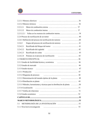 CONTENIDO




2.2.3.1 Motores eléctricos               ………………………………………………………. 36
2.2.3.2 Motores térmicos                 ……………………………………………………… 36
2.2.3.2.1       Motor de combustión externa ……………………………………..... 37
2.2.3.2.2       Motor de combustión interna ……………………………………….. 37
2.2.3.2.2.1       Fallas en los motores de combustión interna ......................................... 38
2.2.4 Proceso de rectificación de un motor                        ……………………………………. 40
2.2.4.1 Definición del proceso de rectificación de motores ……………………….40
2.2.4.2         Etapas del proceso de rectificación de motores ……………………… 41
2.2.4.2.1       Rectificado del bloque del motor                   …………………………………… 41
2.2.4.2.2       Rectificado del cigüeñal                  ………………………………………….. 42
2.2.4.2.3       Rectificado de culata              ………………………………………………. 43
2.2.4.2.4       Pistones en el proceso de rectificación                      …………………………… 43
2.3 MARCO CONCEPTUAL                              ……………………………………………….. 46
2.3.1 Estudio de factibilidad técnica y económica                          …………………………… 46
2.3.2 Estudio de mercado                  …………………………………………………….                                                      46
2.3.3 Estudio técnico             …………………………………………………………… 47
2.3.3.1 Producción               ……………………………………………………………. 47
2.3.3.2 Diagrama de procesos                     ……………………………………………….. 48
2.3.3.3 Determinación del tamaño óptimo de la planta                               ………………………. 49
2.3.3.4 Distribución en planta                   ………………………………………………. 49
2.3.3.5 Métodos, herramientas y técnicas para la distribución de planta ………….50
2.3.3.6 Localización              ……………………………………………………………. 51
2.3.3.7 Gráfica de relaciones ……………………………………………………. 51
2.3.4 Estudio económico                  ……………………………………………………… 52
CAPÍTULO III.......................................................................................................... 53
MARCO METODOLÓGICO.................................................................................. 53
3.1     METODOLOGÍA DE LA INVESTIGACIÓN ……………………………. 53
3.1.1 Nivel de la investigación                  ………………………………………………. 53


                                                          XI
 