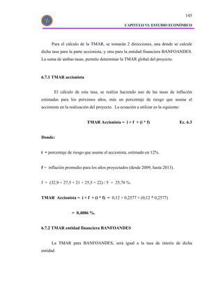 145

                                                 CAPITULO VI: ESTUDIO ECONÓMICO




      Para el cálculo de la TMAR, se tomarán 2 direcciones, una donde se calcule
dicha tasa para la parte accionista, y otra para la entidad financiera BANFOANDES.
La suma de ambas tasas, permite determinar la TMAR global del proyecto.



6.7.1 TMAR accionista


       El cálculo de esta tasa, se realiza haciendo uso de las tasas de inflación
estimadas para los próximos años, más un porcentaje de riesgo que asume el
accionista en la realización del proyecto. La ecuación a utilizar es la siguiente:


                           TMAR Accionista = i + f + (i * f)                         Ec. 6.3


Donde:


i = porcentaje de riesgo que asume el accionista, estimado en 12%.


f = inflación promedio para los años proyectados (desde 2009, hasta 2013).


f = (32,9 + 27,5 + 21 + 25,5 + 22) / 5 = 25,78 %.


TMAR Accionista = i + f + (i * f) = 0,12 + 0,2577 + (0,12 * 0,2577)


                  = 0,4086 %.


6.7.2 TMAR entidad financiera BANFOANDES


      La TMAR para BANFOANDES, será igual a la tasa de interés de dicha
entidad.
 