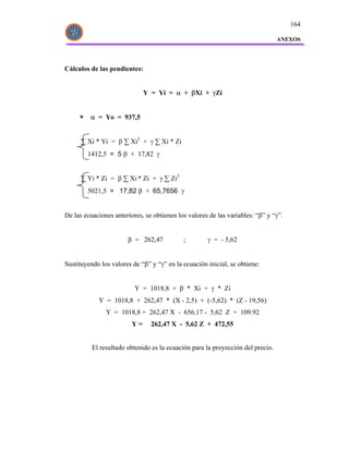 164

                                                                                ANEXOS




Cálculos de las pendientes:


                              Y = Yi = α + βXi + γZi


         α = Yo = 937,5


      ∑ Xi * Yi = β ∑ Xi2 + γ ∑ Xi * Zi
        1412,5 = 5 β + 17,82 γ


      ∑ Yi * Zi = β ∑ Xi * Zi + γ ∑ Zi2
        5021,5 = 17,82 β + 65,7656 γ


De las ecuaciones anteriores, se obtienen los valores de las variables: “β” y “γ”.


                       β = 262,47           ;        γ = - 5,62


Sustituyendo los valores de “β” y “γ” en la ecuación inicial, se obtiene:


                          Y = 1018,8 + β * Xi + γ * Zi
            Y = 1018,8 + 262,47 * (X - 2,5) + (-5,62) * (Z - 19,56)
               Y = 1018,8 + 262,47 X - 656,17 - 5,62 Z + 109.92
                         Y=     262,47 X - 5,62 Z + 472,55


          El resultado obtenido es la ecuación para la proyección del precio.
 