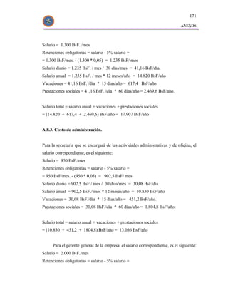 171

                                                                                ANEXOS




Salario = 1.300 BsF. /mes
Retenciones obligatorias = salario - 5% salario =
= 1.300 BsF/mes. - (1.300 * 0,05) = 1.235 BsF/ mes
Salario diario = 1.235 BsF. / mes / 30 días/mes = 41,16 BsF/día.
Salario anual = 1.235 BsF. / mes * 12 meses/año = 14.820 BsF/año
Vacaciones = 41,16 BsF. /día * 15 días/año = 617,4 BsF/año.
Prestaciones sociales = 41,16 BsF. /día * 60 días/año = 2.469,6 BsF/año.


Salario total = salario anual + vacaciones + prestaciones sociales
= (14.820 + 617,4 + 2.469,6) BsF/año = 17.907 BsF/año


A.8.3. Costo de administración.


Para la secretaria que se encargará de las actividades administrativas y de oficina, el
salario correspondiente, es el siguiente:
Salario = 950 BsF./mes
Retenciones obligatorias = salario - 5% salario =
= 950 BsF/mes. - (950 * 0,05) = 902,5 BsF/ mes
Salario diario = 902,5 BsF./ mes / 30 dias/mes = 30,08 BsF/día.
Salario anual = 902,5 BsF./ mes * 12 meses/año = 10.830 BsF/año
Vacaciones = 30,08 BsF./día * 15 días/año = 451,2 BsF/año.
Prestaciones sociales = 30,08 BsF./día * 60 días/año = 1.804,8 BsF/año.


Salario total = salario anual + vacaciones + prestaciones sociales
= (10.830 + 451,2 + 1804,8) BsF/año = 13.086 BsF/año


      Para el gerente general de la empresa, el salario correspondiente, es el siguiente:
Salario = 2.000 BsF./mes
Retenciones obligatorias = salario - 5% salario =
 