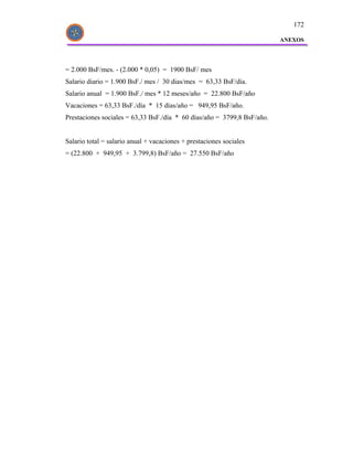 172

                                                                         ANEXOS




= 2.000 BsF/mes. - (2.000 * 0,05) = 1900 BsF/ mes
Salario diario = 1.900 BsF./ mes / 30 dias/mes = 63,33 BsF/día.
Salario anual = 1.900 BsF./ mes * 12 meses/año = 22.800 BsF/año
Vacaciones = 63,33 BsF./día * 15 días/año = 949,95 BsF/año.
Prestaciones sociales = 63,33 BsF./día * 60 días/año = 3799,8 BsF/año.


Salario total = salario anual + vacaciones + prestaciones sociales
= (22.800 + 949,95 + 3.799,8) BsF/año = 27.550 BsF/año
 
